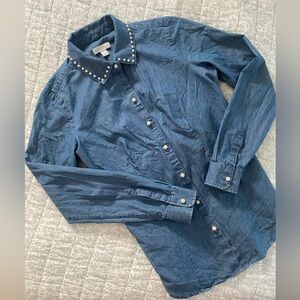 Vintage Blue Denim Shirt with Pearl Accents